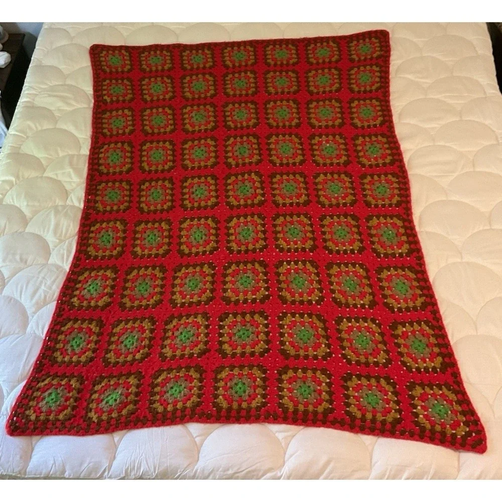 Handmade Crochet Granny Square Afghan Lap Throw Blanket 36x29 Vintage Boho Cabin